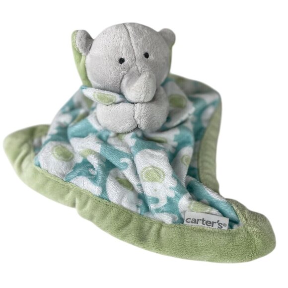 Carters Green Elephant Security Blanket Lovey With Soft Plush Elephant Print Des - Picture 1 of 8
